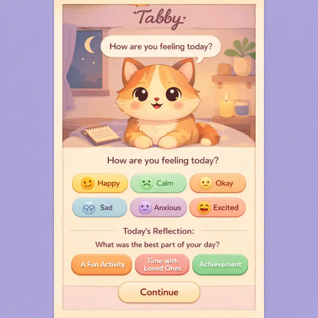 Tabby hangulatnapló vagy napi bejelentkezési képernyő pasztellszínű macskával