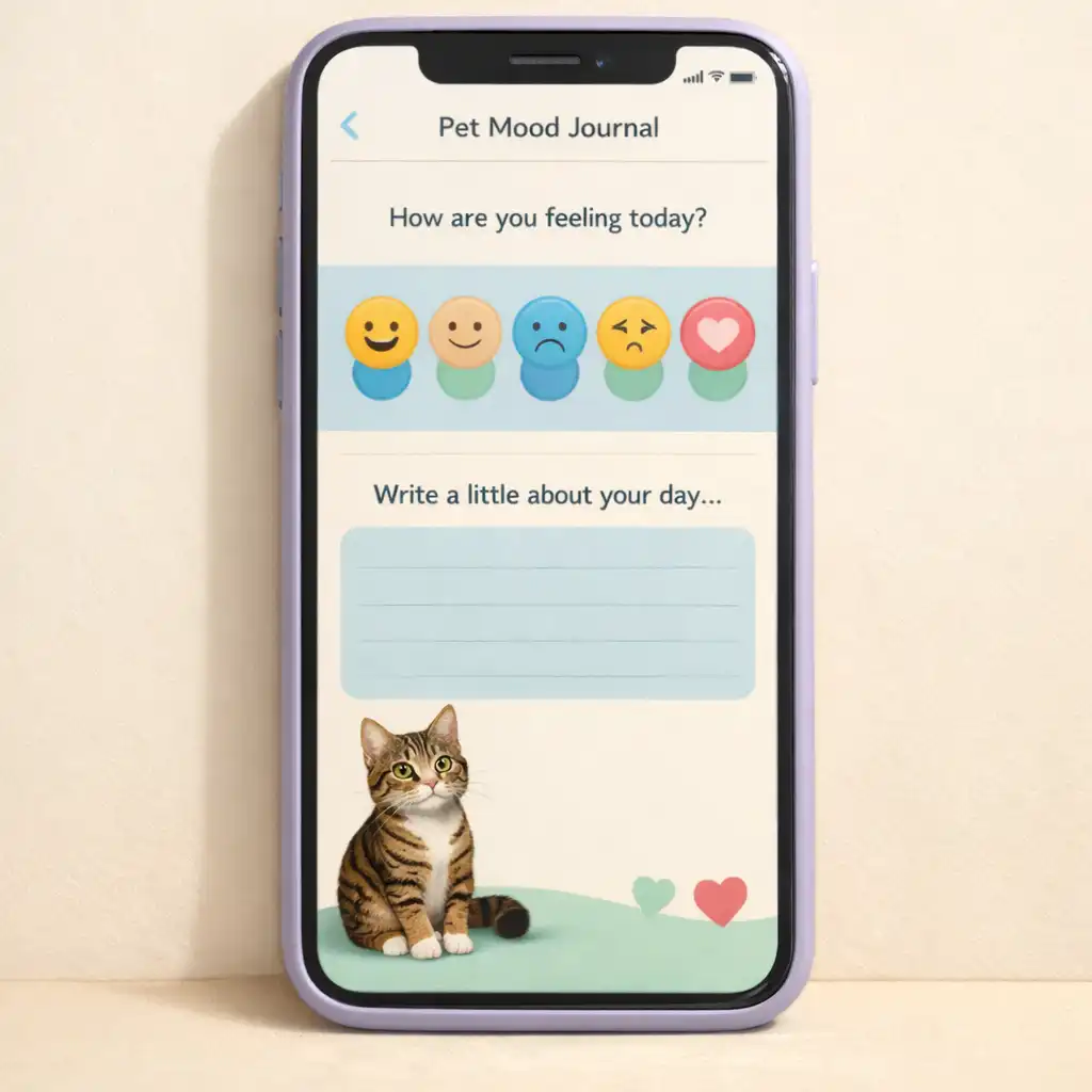 Illusztratív, álló mobilképernyő önápolási hangulat-bejelentkezés felületével és kis cirmos társfigurával.
