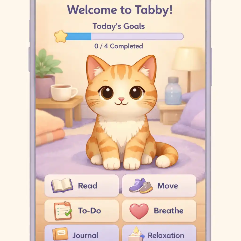 Pasztellszínű Tabby alkalmazásképernyő virtuális macskával és napi önfigyelési elemekkel