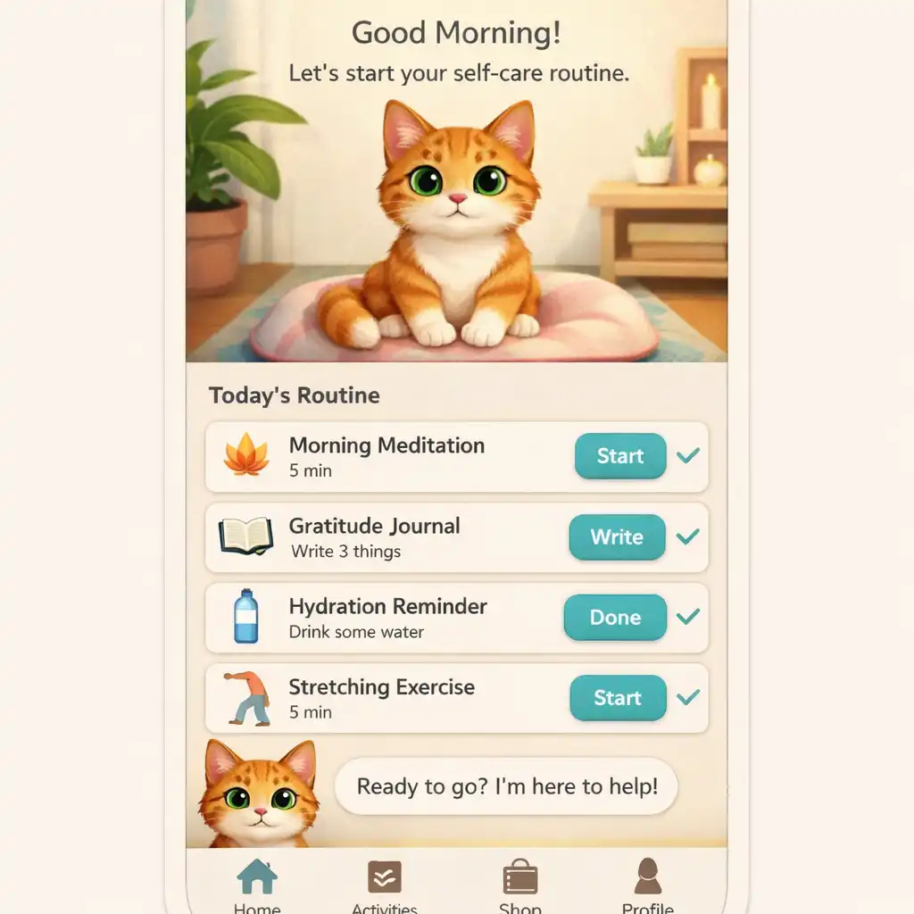 A Tabby alkalmazás reprezentatív, álló formátumú napi rutin nézete virtuális macskával.